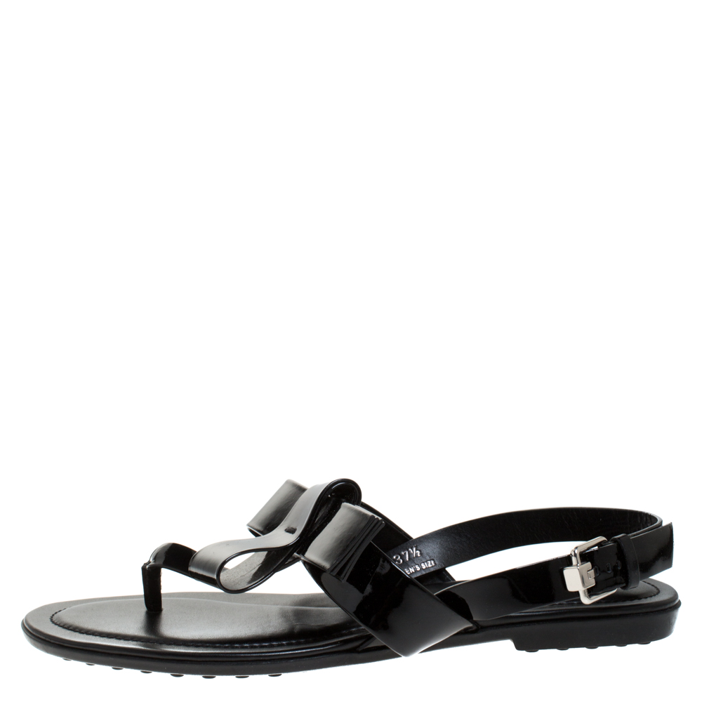 

Tod's Black Patent Leather Bow Detail Flat Thong Slingback Sandals Size