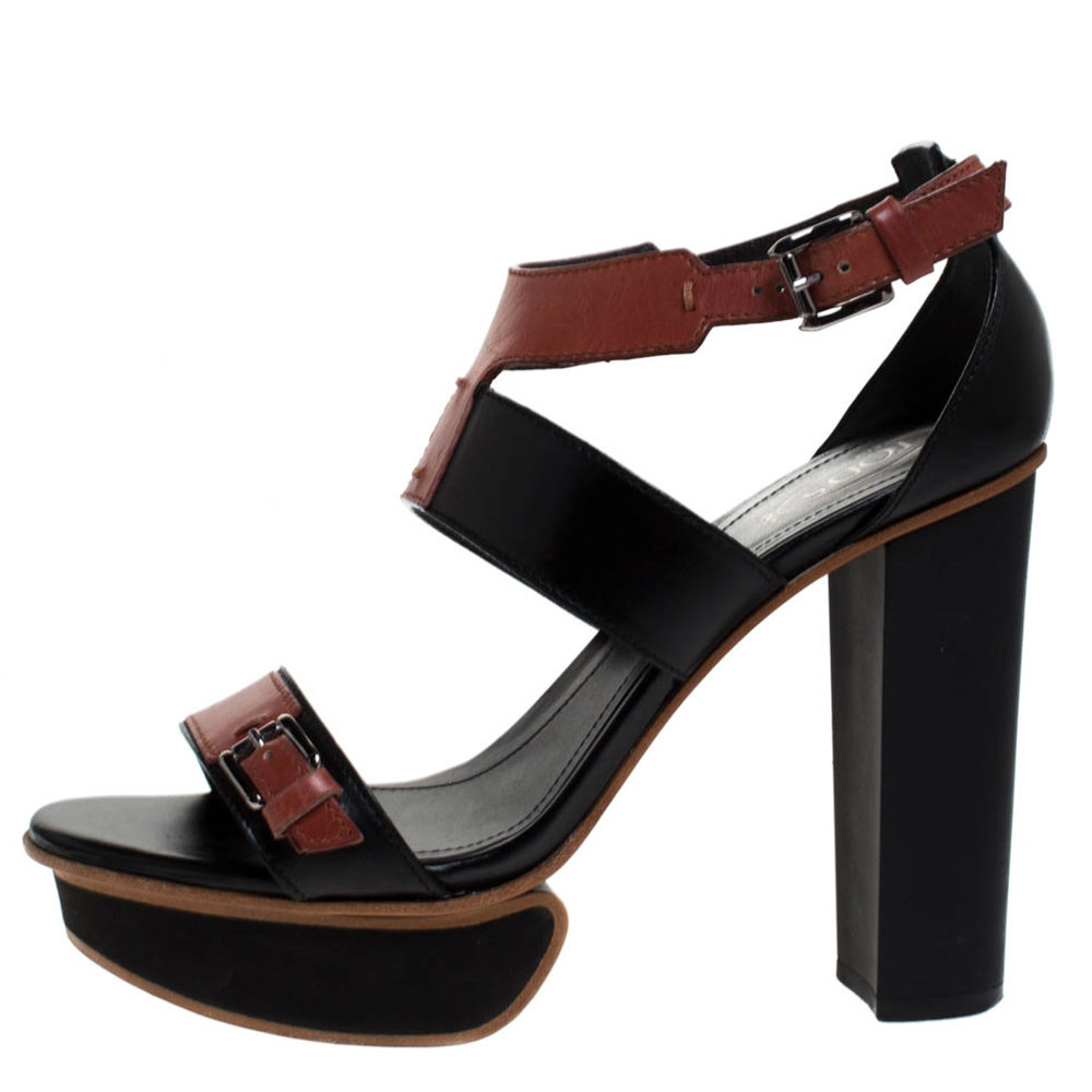 

Tod's Black/Brown Leather Block Heel Platform Ankle Strap Sandals Size