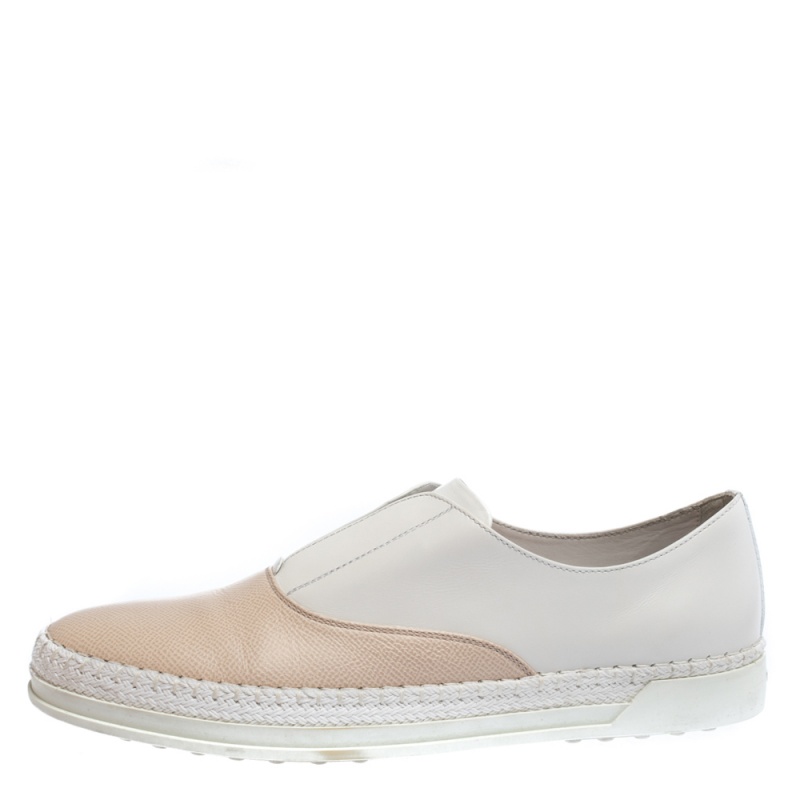

Tod's White/Peach Leather Francesina Espadrille Slip On Sneakers Size