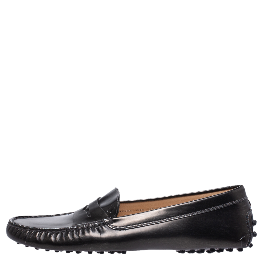 

Tod's Metallic Dark Grey Leather Penny Slip On Loafers Size