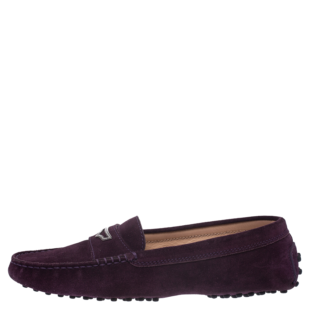 

Tod’s Purple Suede Crystal Stud Penny Loafers Size