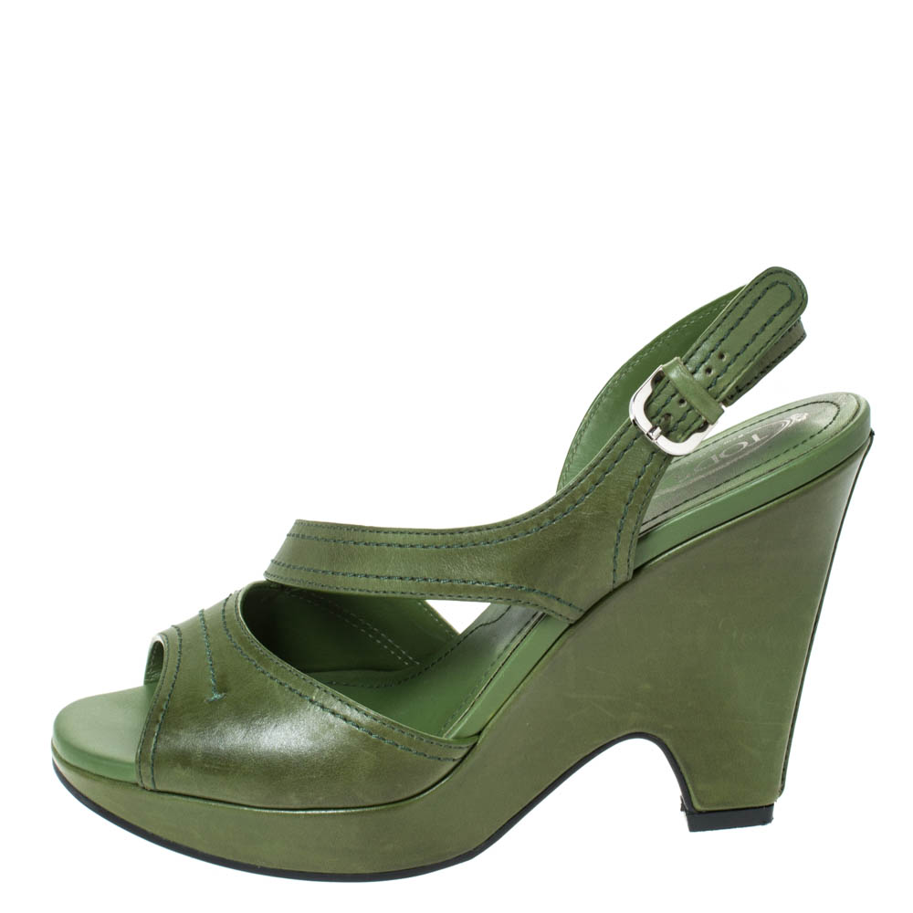 

Tod's Green Leather Slingback Platform Wedges Size