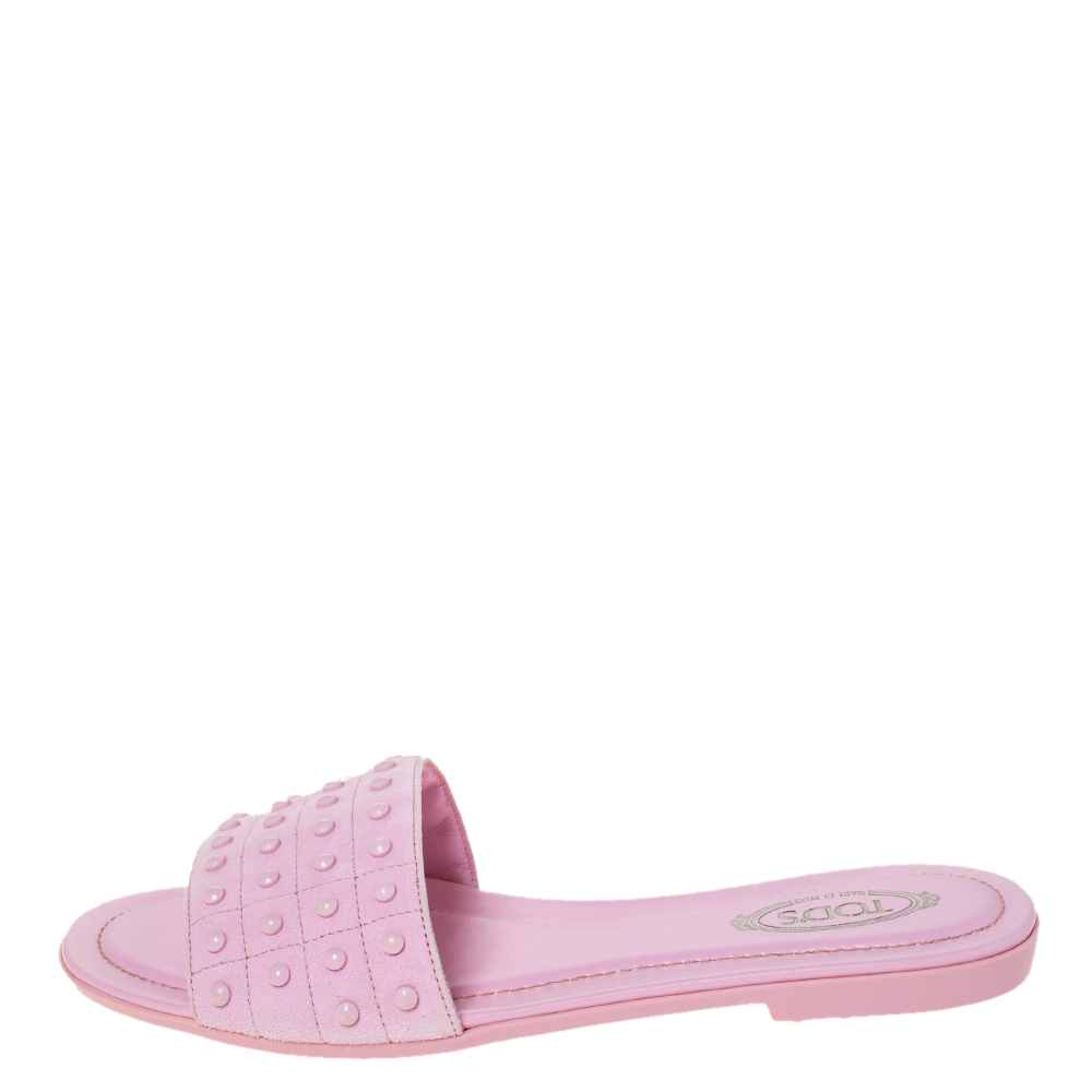

Tod's Pink Suede Studded Flat Slides Size