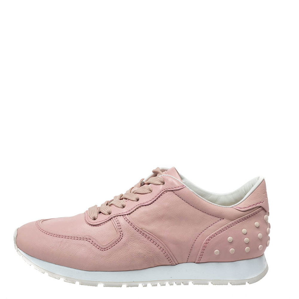 

Tod's Pink Leather Studded Lace Up Sneakers Size