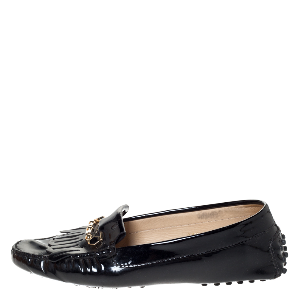 

Tod's Black Patent Leather Fringe Loafers Size