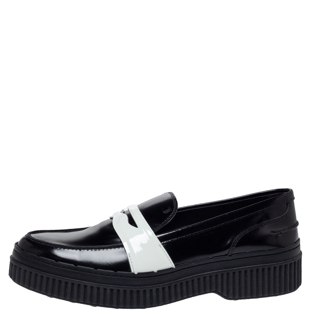 

Tod's Black/White Leather And Patent Platform Penny Loafers Size