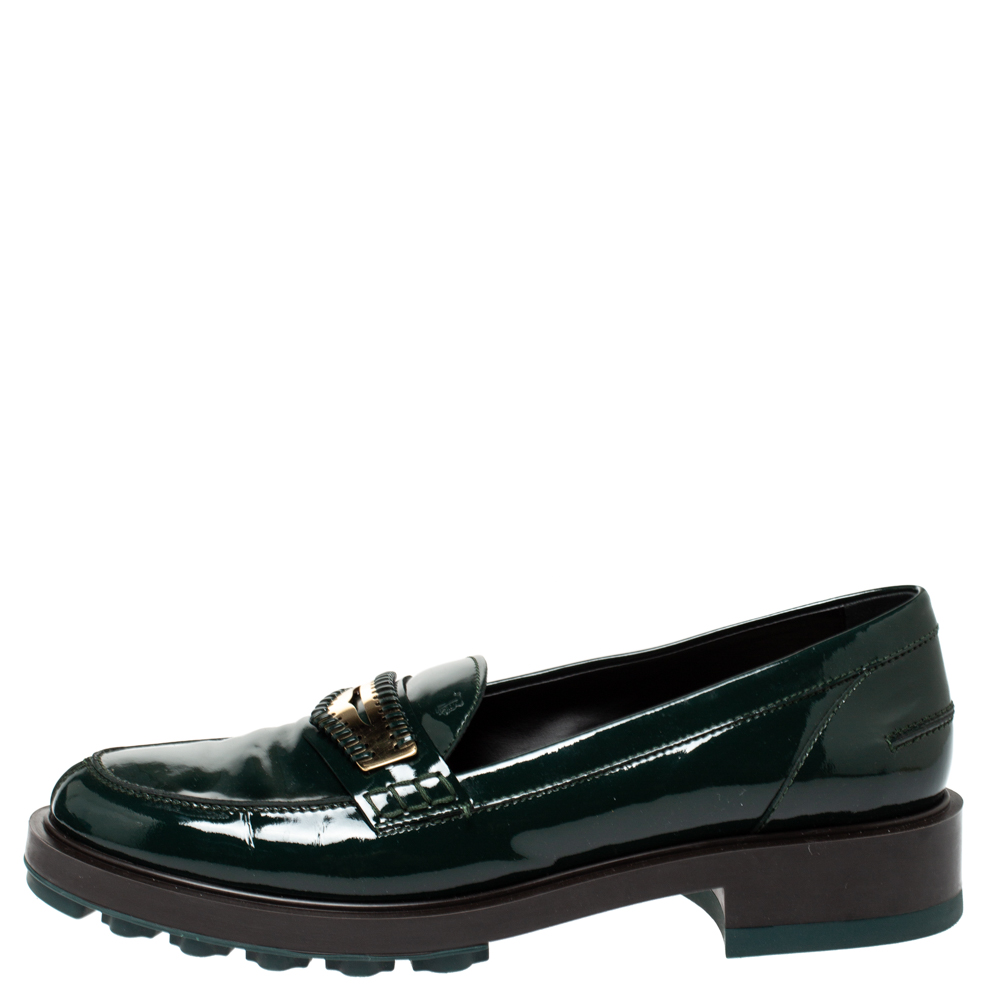 

Tod's Green Patent Leather Whip Stitch Detail Platform Penny Loafers Size