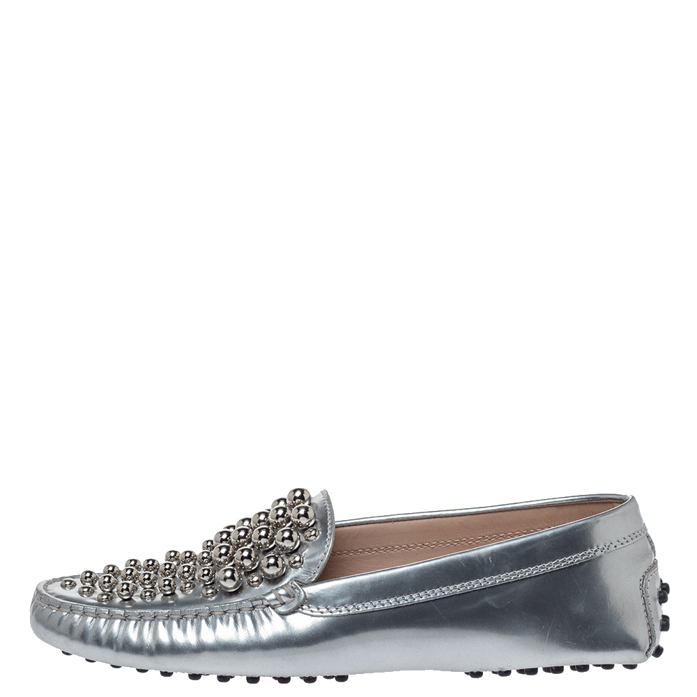 

Tod's Silver Patent Leather Studded Loafers Size