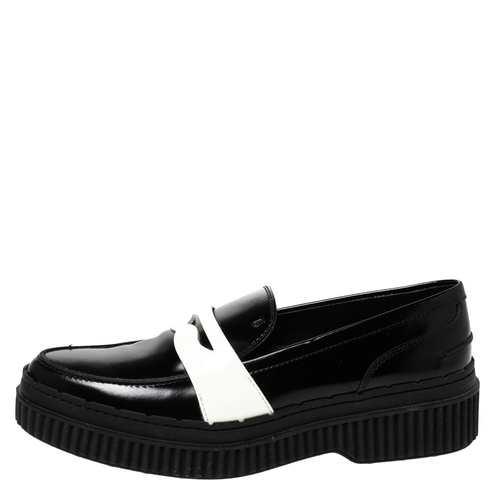 

Tod's Black/White Leather And Patent Platform Penny Loafers Size