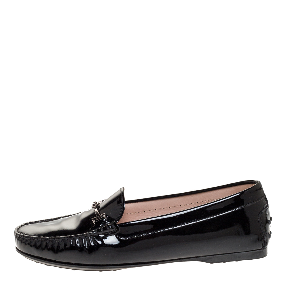 

Tod's Black Patent Leather Double T Loafers Size