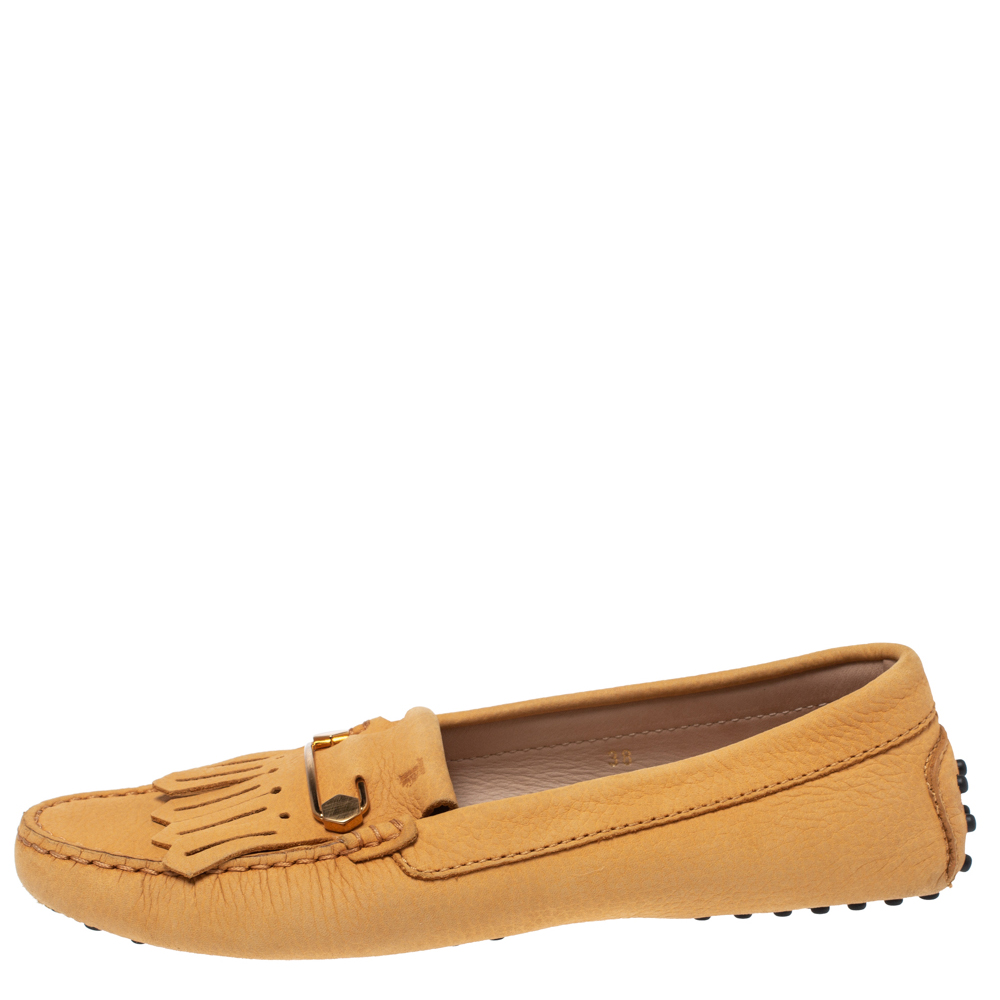 

Tod's Mustard Nubuck Leather Pin Fringe Loafers Size, Orange