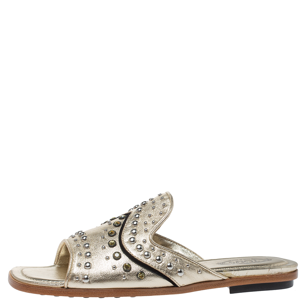 

Tod's Metallic Gold Studded and Crystal Embellished Leather Slide Flats Size
