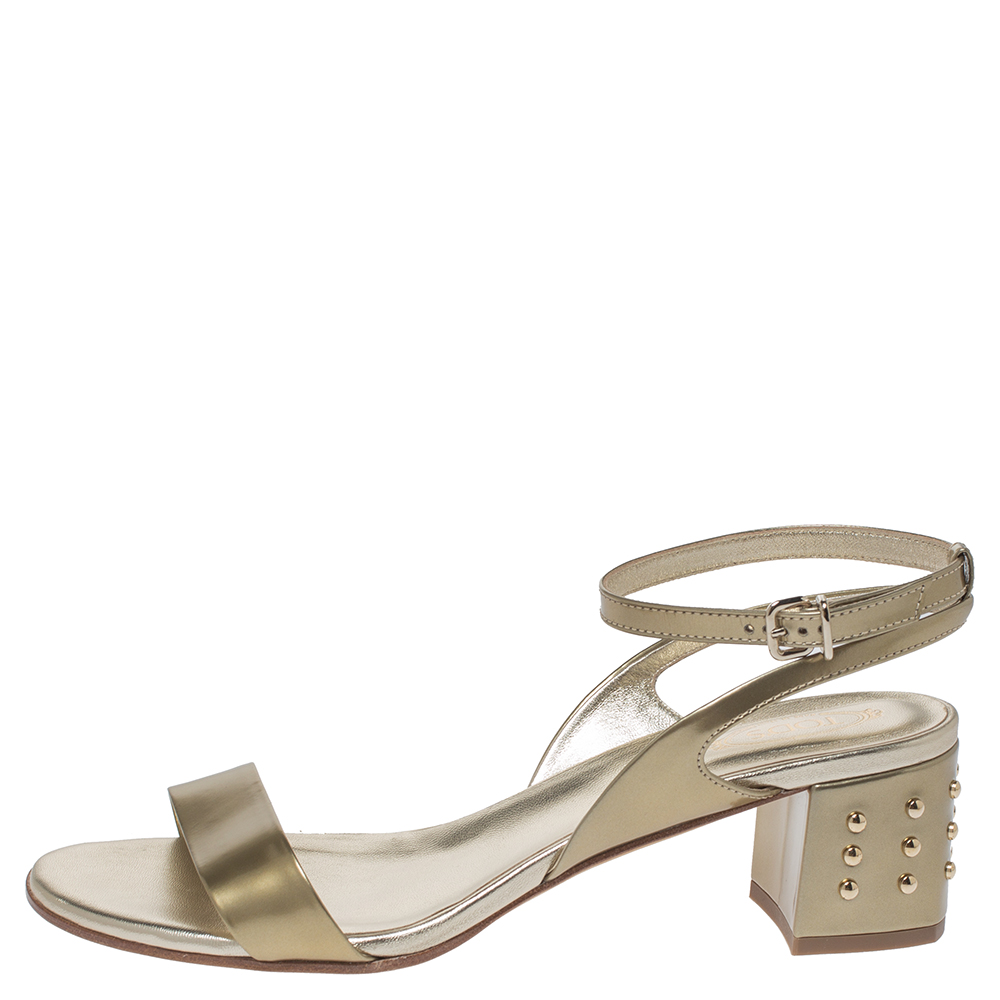 

Tod's Gold Patent Leather Studded Block Heel Sandals Size