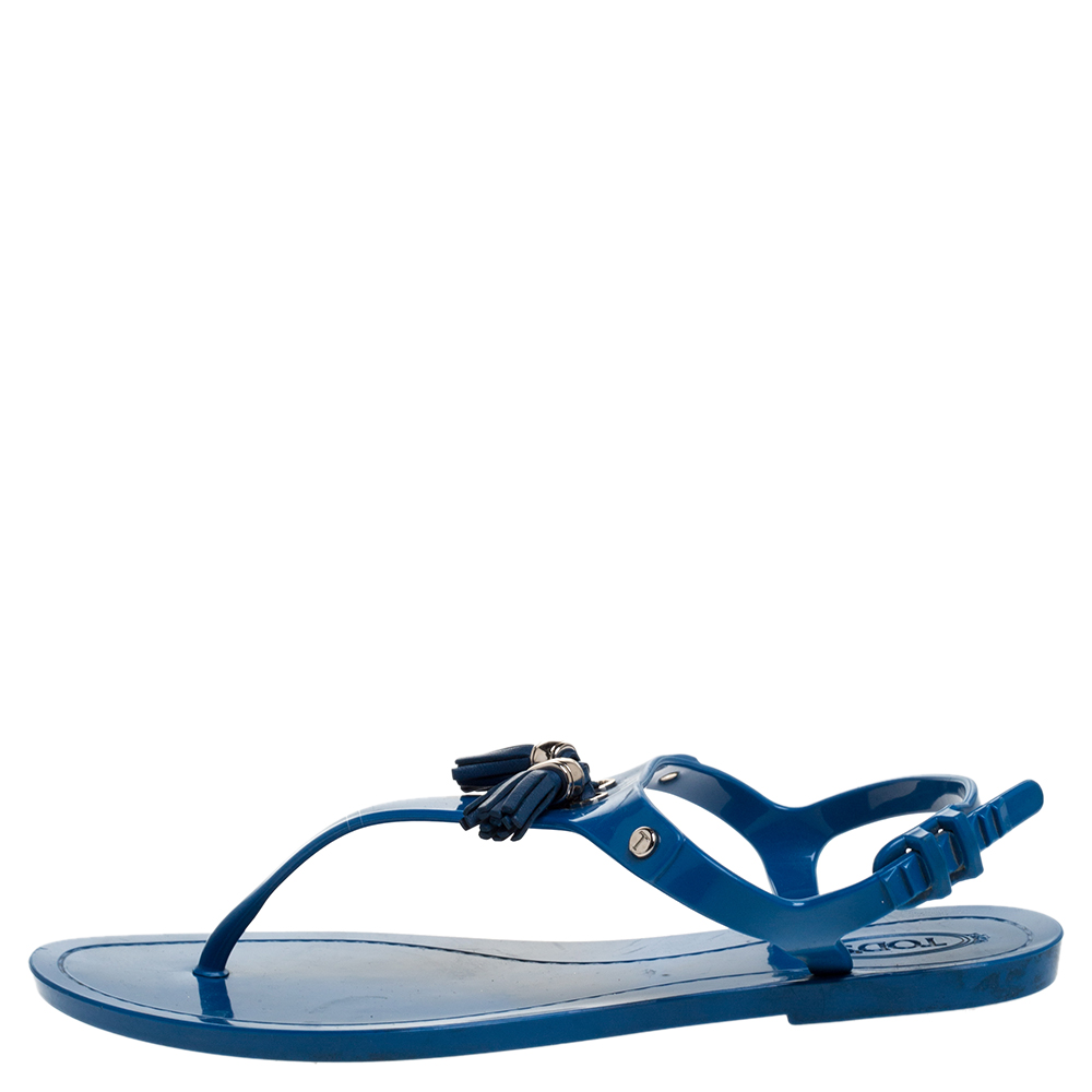 

Tod's Blue Jelly Tassel Detail Thong Flat Sandals Size
