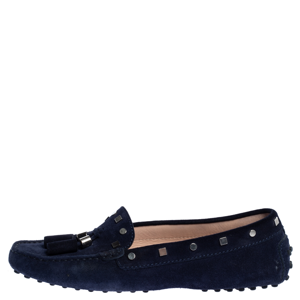 

Tod's Navy Blue Suede Studded Loafers Size