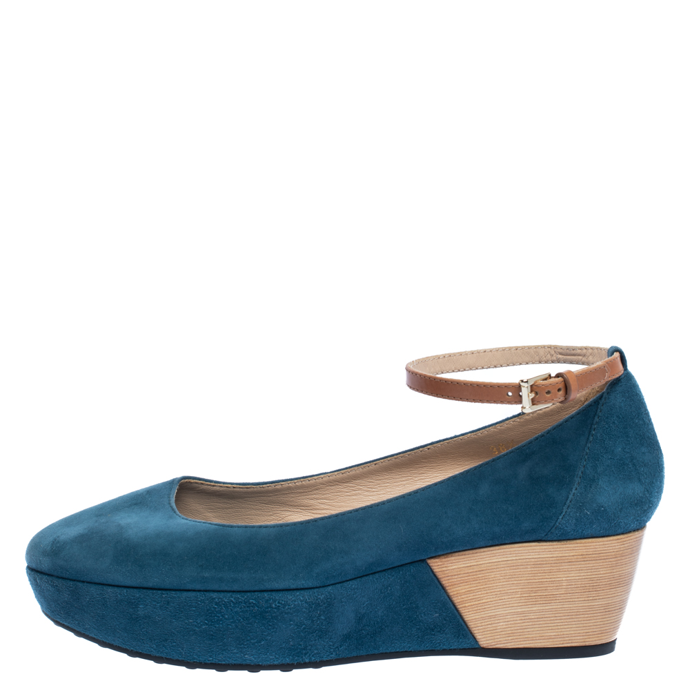 

Tod's Blue Suede Ankle Strap Platform Wedge Pumps Size