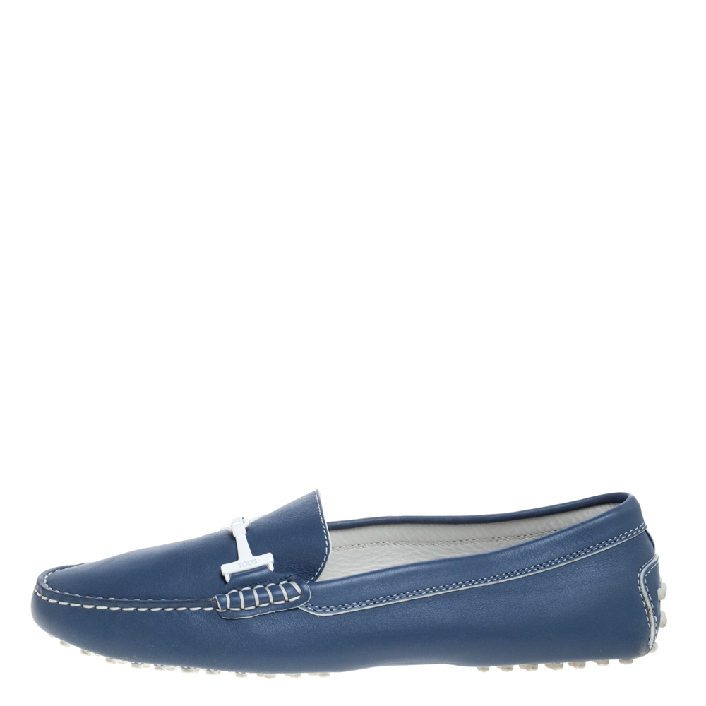 

Tod's Blue Leather Double T Slip On Loafers Size