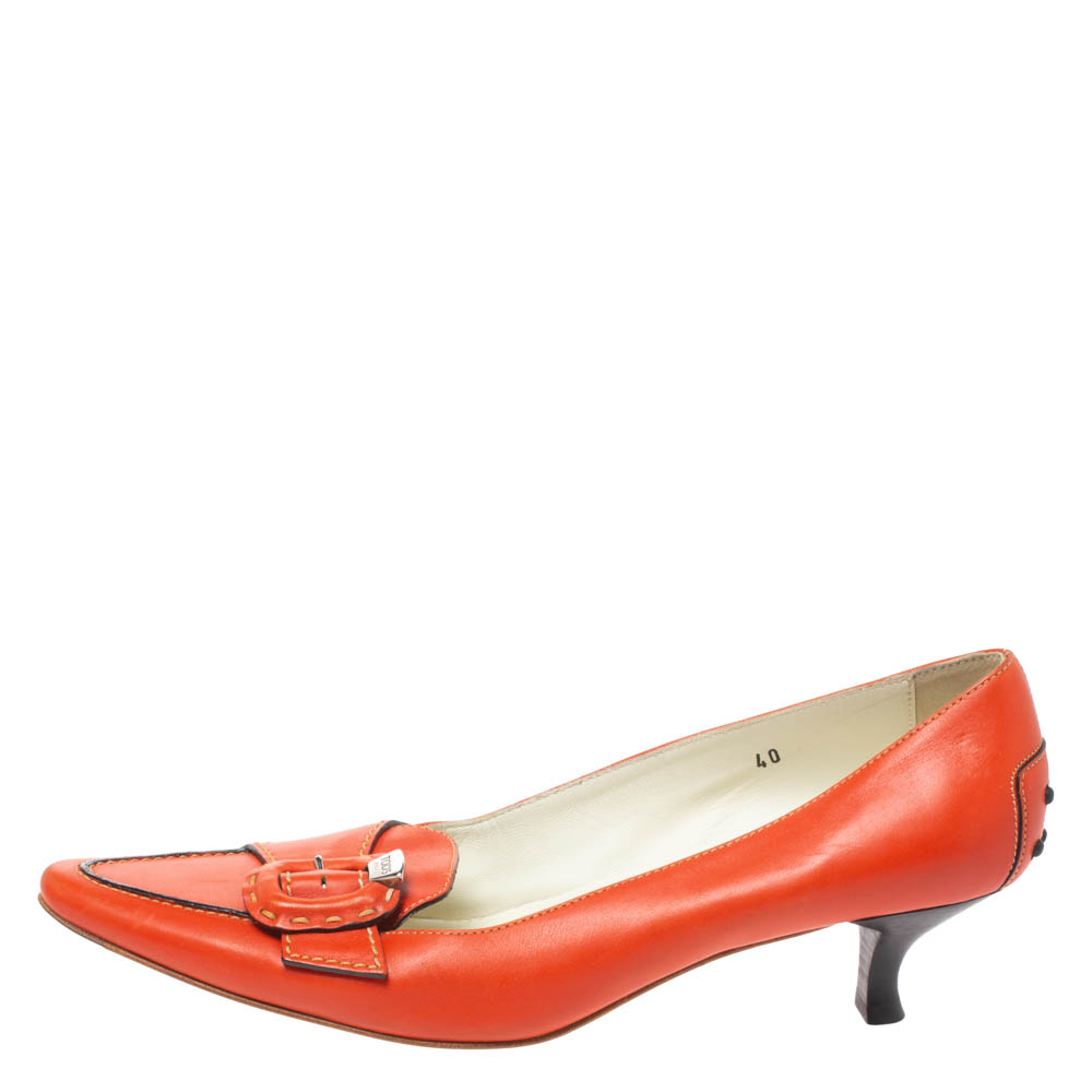 

Tod's Orange Leather Buckle Detail Pointed Toe Loafer Pumps Size