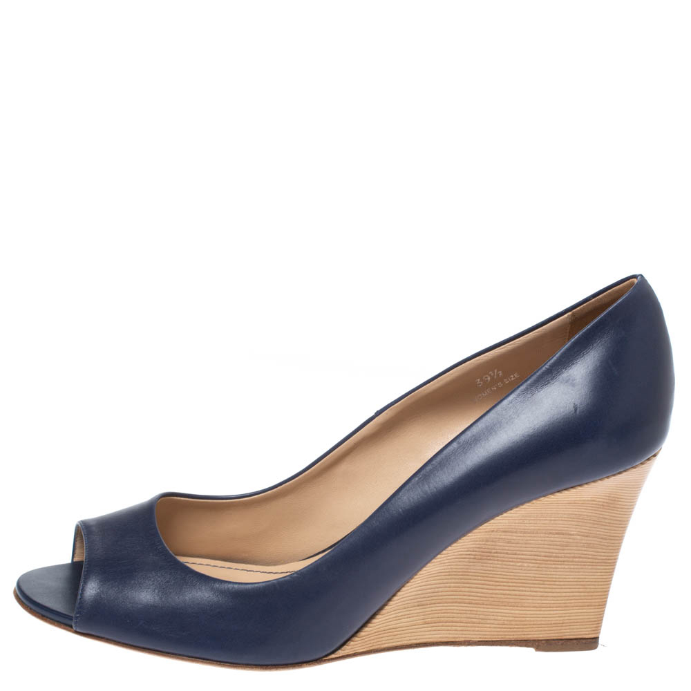 

Tod's Blue Leather Peep Toe Wedge Pumps Size