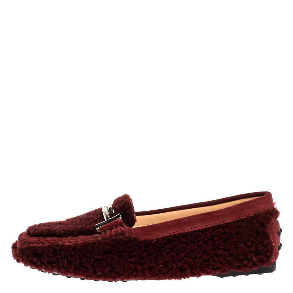 

Tod's Burgundy Shearling And Suede Leather Double T Slip On Loafers Size