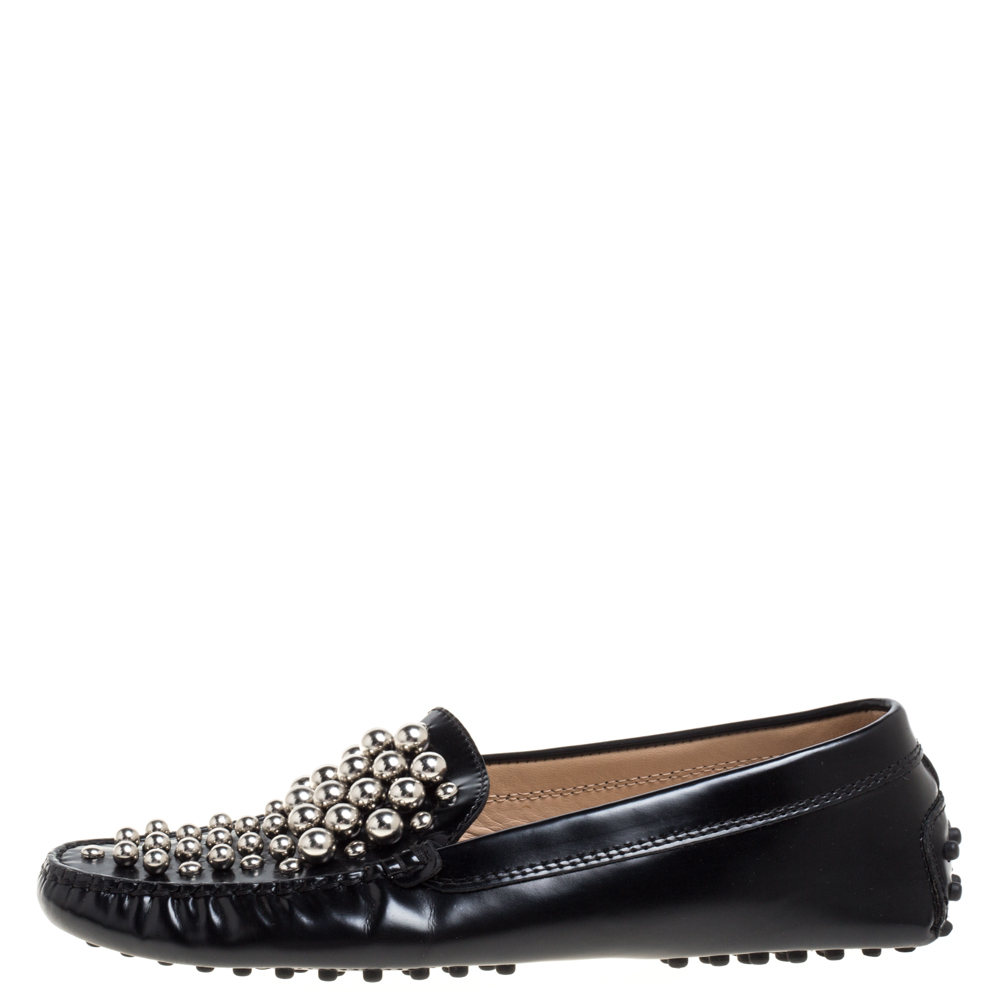 

Tod's Black Leather Embellished Driving Slip On Loafers Size