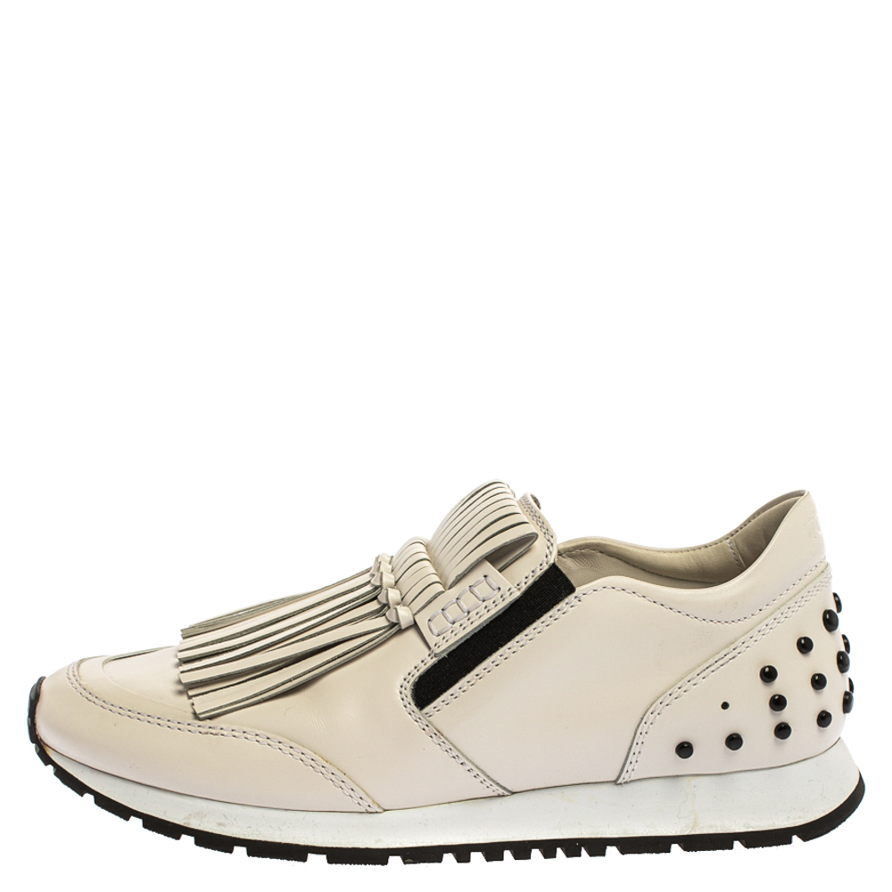 

Tod's White Leather Fringe Detail Low Top Sneakers Size