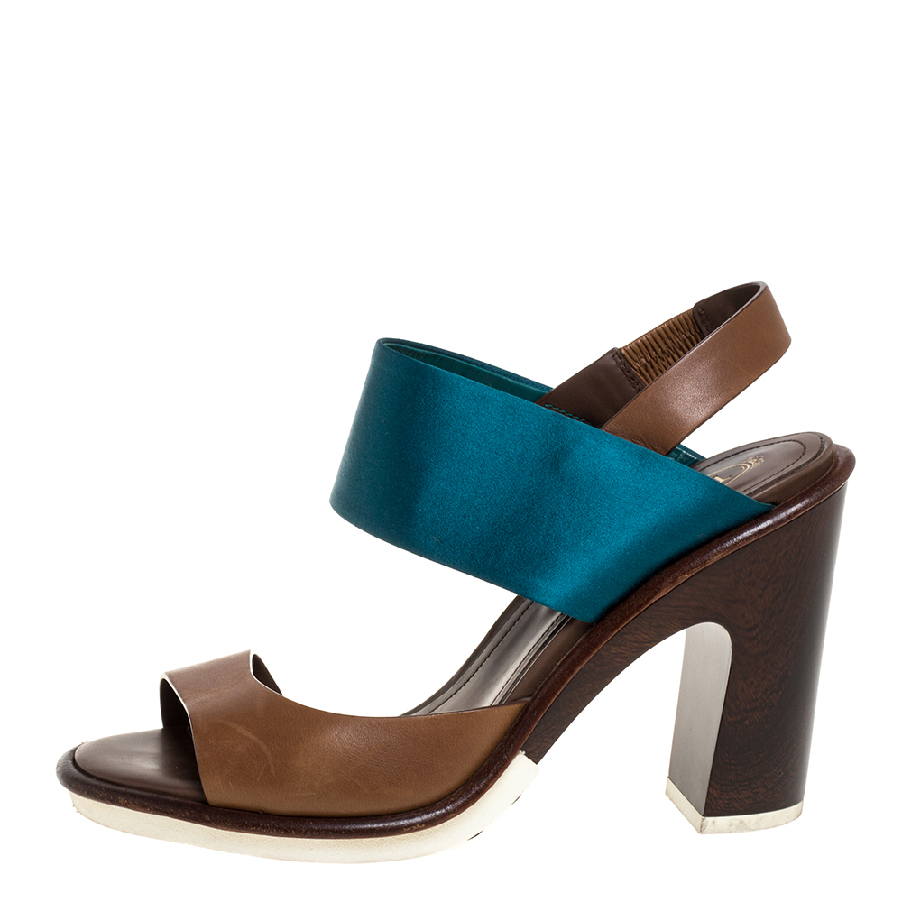 

Tod's Brown/Green Leather And Satin Slingback Block Heel Sandals Size