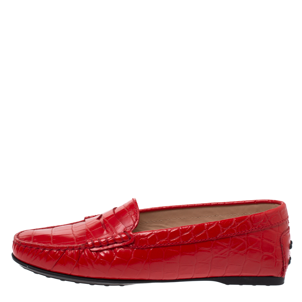 

Tod's Red Croc Embossed Leather Penny Slip On Loafers Size