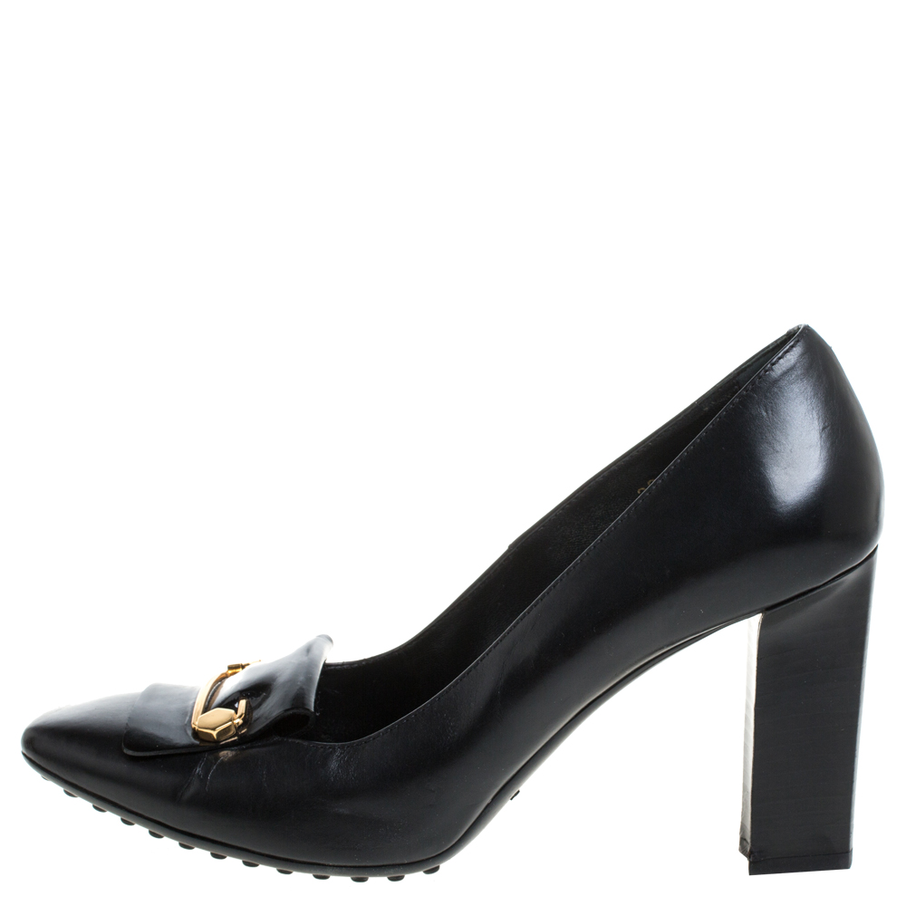 

Tod's Black Leather Block Heel Square Toe Pumps Size