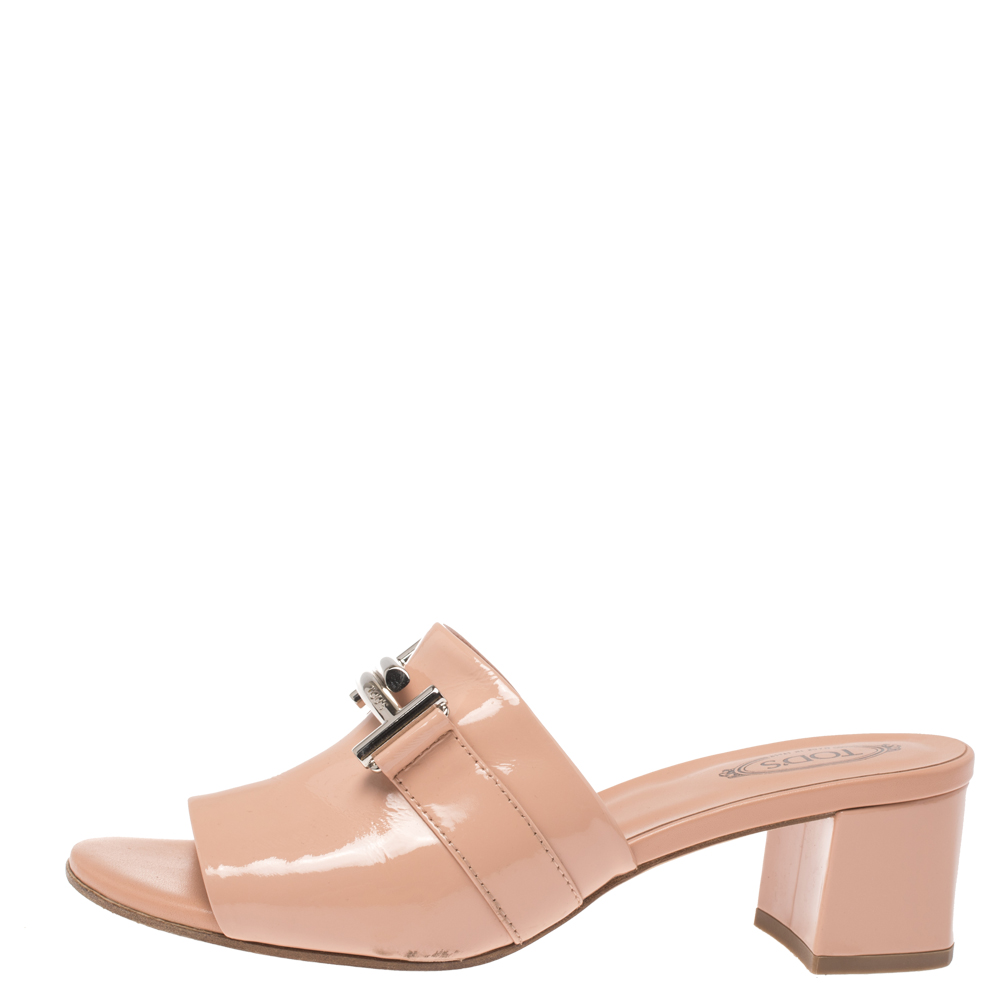 

Tod's Light Peach Patent Leather Double T Mule Sandals Size, Orange