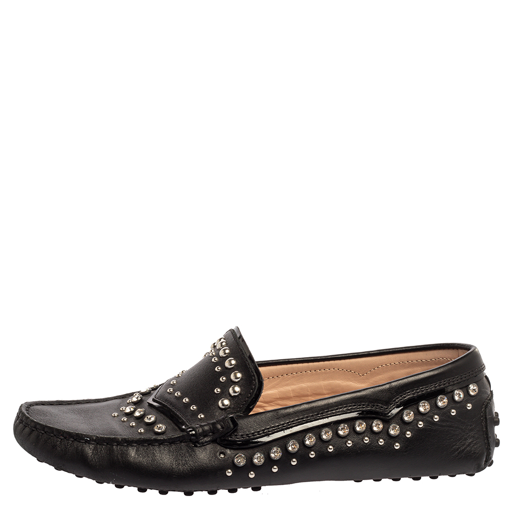 

Tod's Black Leather Crystal Embellished Gommino Loafers Size