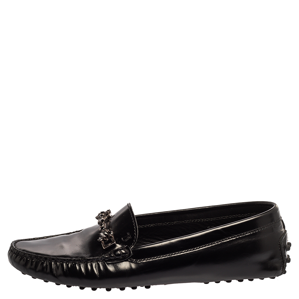 

Tod's Black Leather Crystal Embellished Gommino Loafers Size