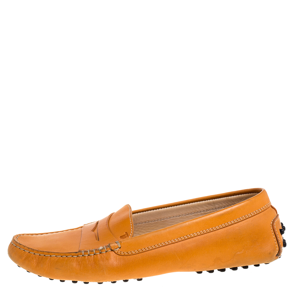 

Tod's Orange Leather Penny Slip On Loafers Size