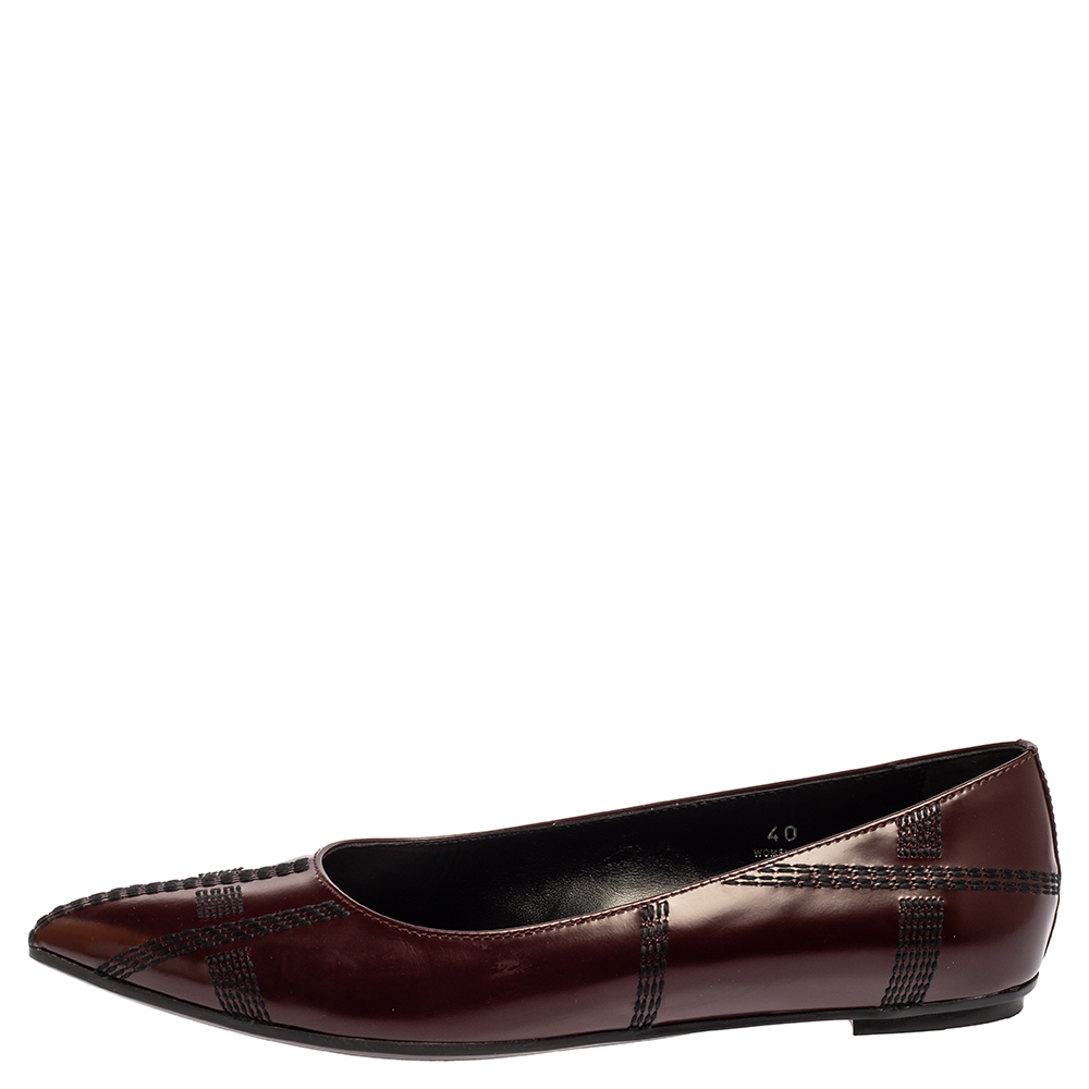 

Tods Burgundy Leather Embroidered Pointed Toe Flats Size
