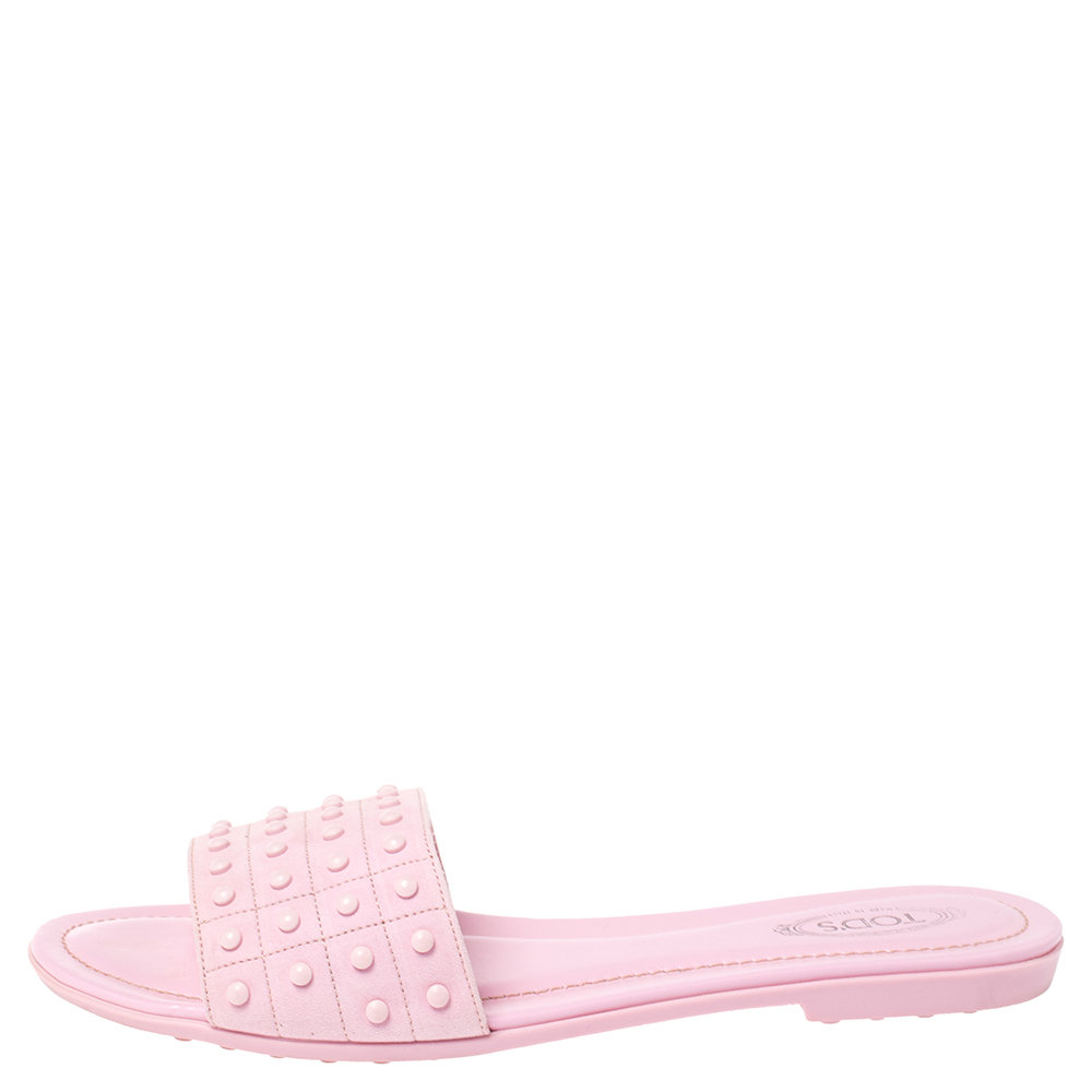 

Tod's Pink Studded Suede Flat Slide Sandals Size