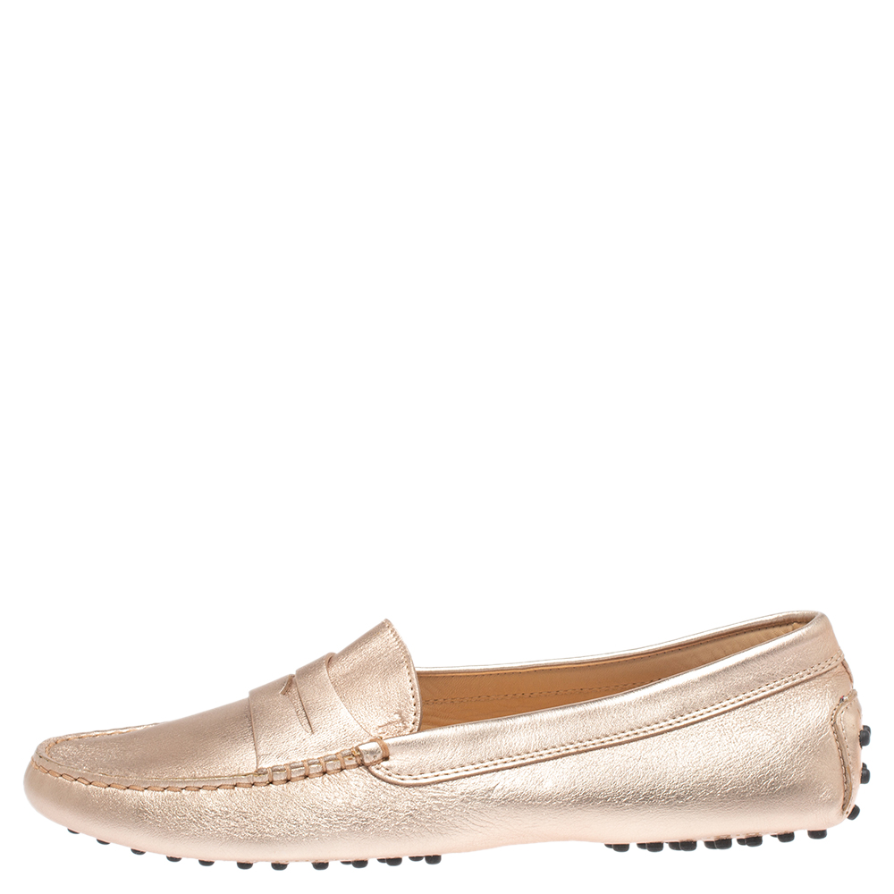 

Tod's Metallic Gold Leather Penny Loafers Size