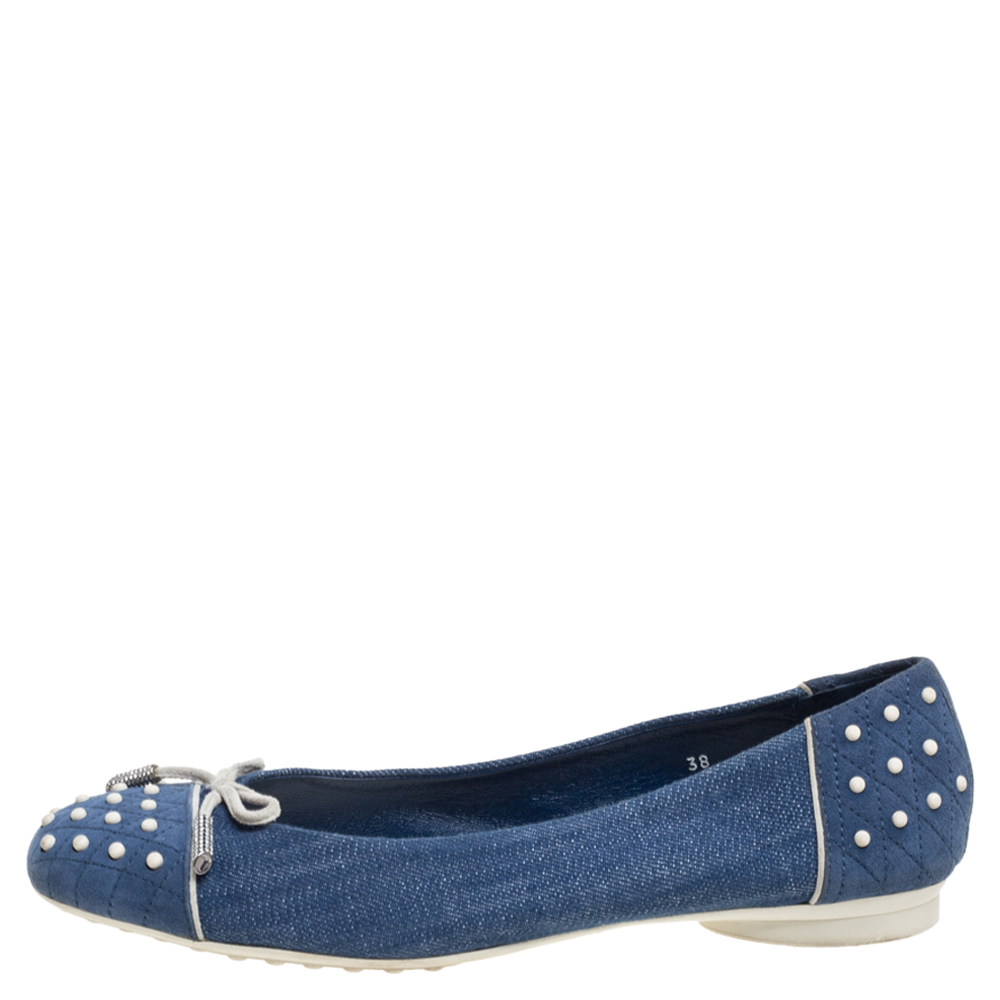 

Tod's Blue Denim Fabric Studded Bow Cap Toe Ballet Flats Size