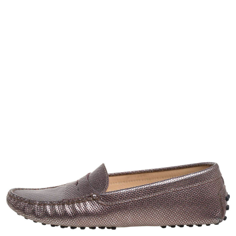 

Tod's Metallic Brown Leather Penny Slip On Loafers Size