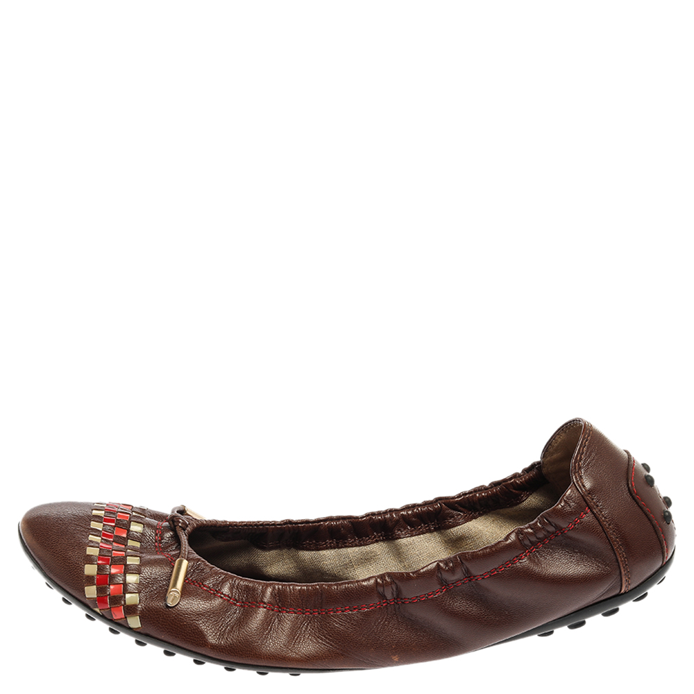 

Tod's Brown Leather Knotted Tassel Scrunch Ballet Flats Size