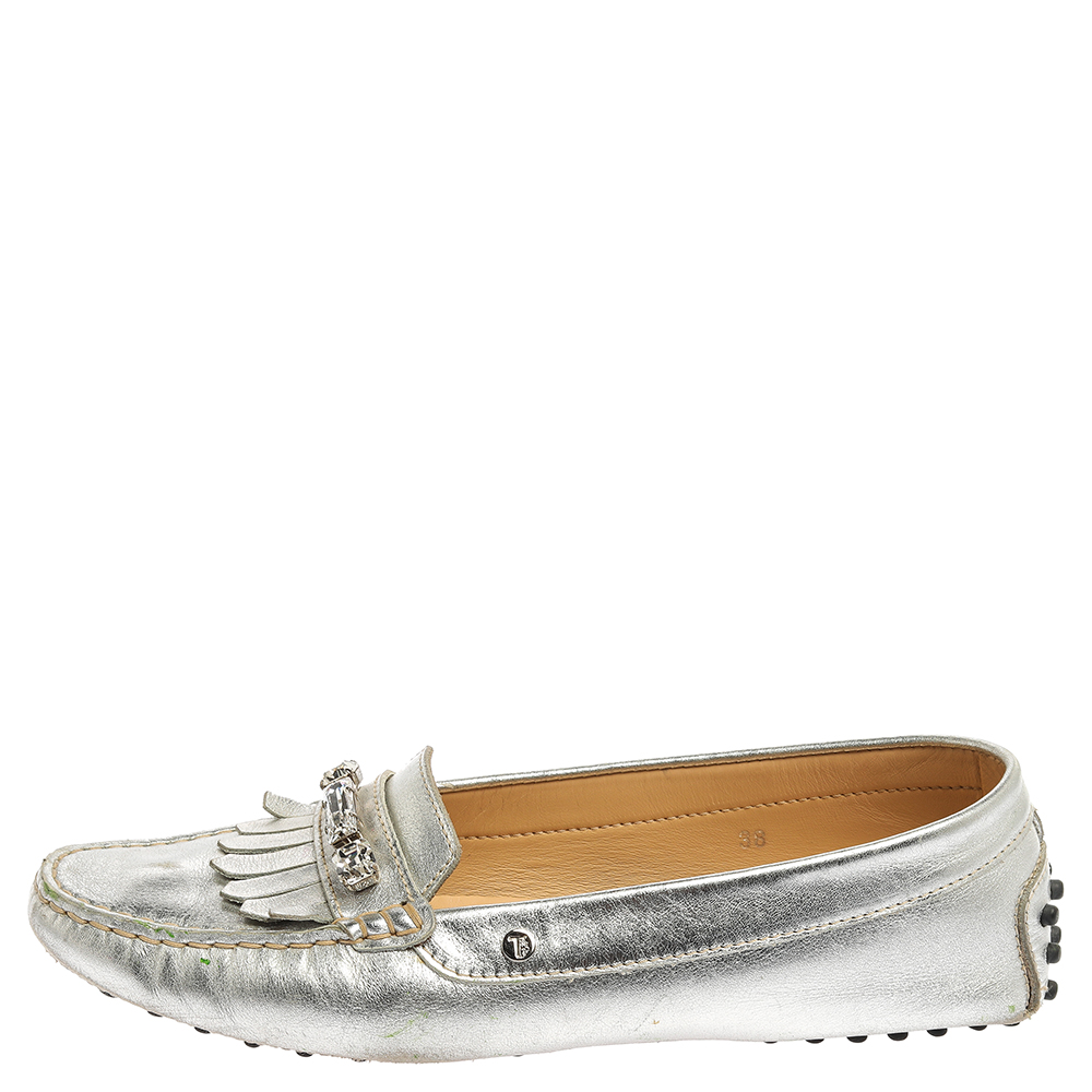 

Tod's Silver Leather Crystal Embellished Fringe Loafers Size