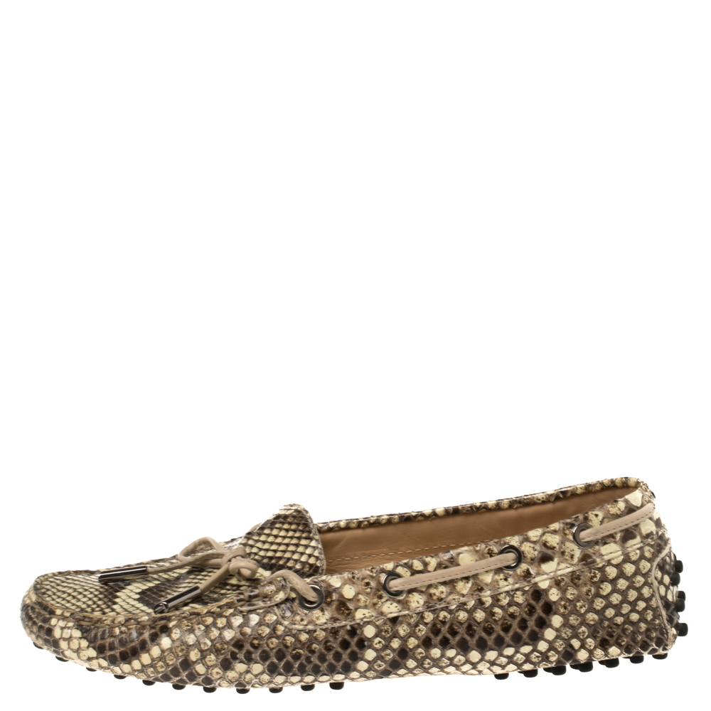 

Tod's Brown/Cream Python Gommino Slip On Loafers Size