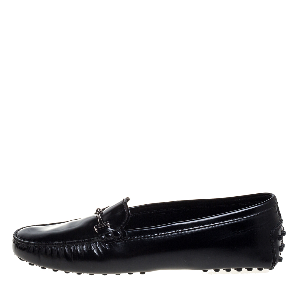 

Tod's Black Leather Double T Slip On Loafers Size