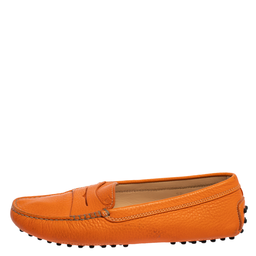 

Tod's Orange Leather Penny Slip On Loafers Size