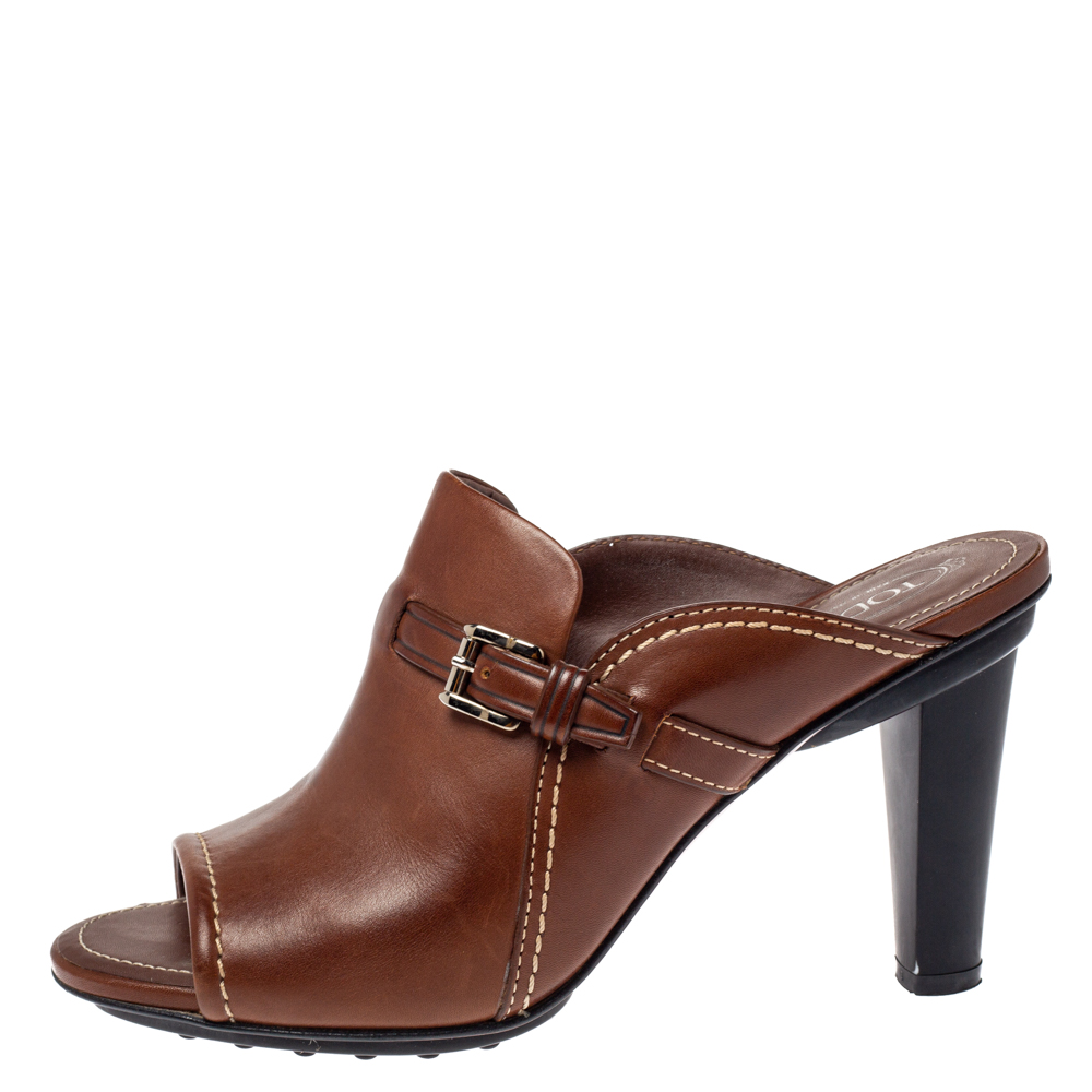 

Tod's Brown Leather Open Toe Buckle Detail Mule Sandals Size