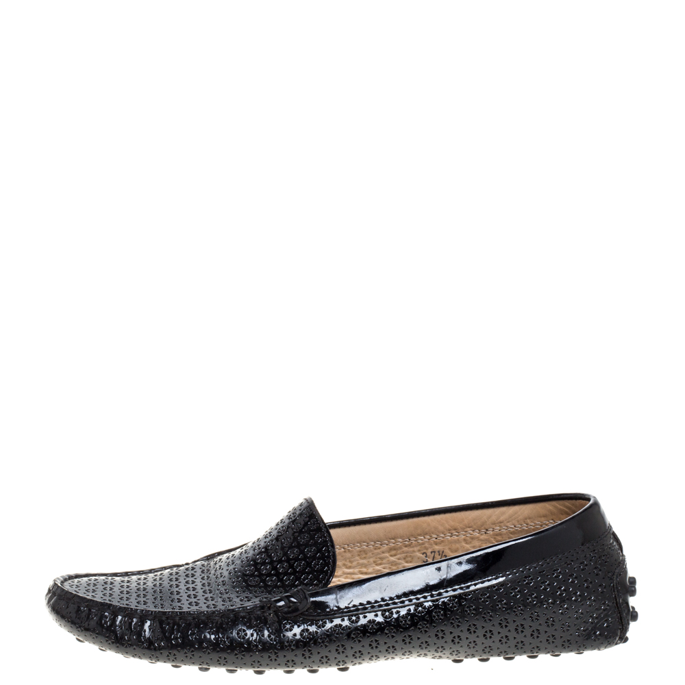 

Tod's Black Laser Cut Patent Leather Driving Loafers Size