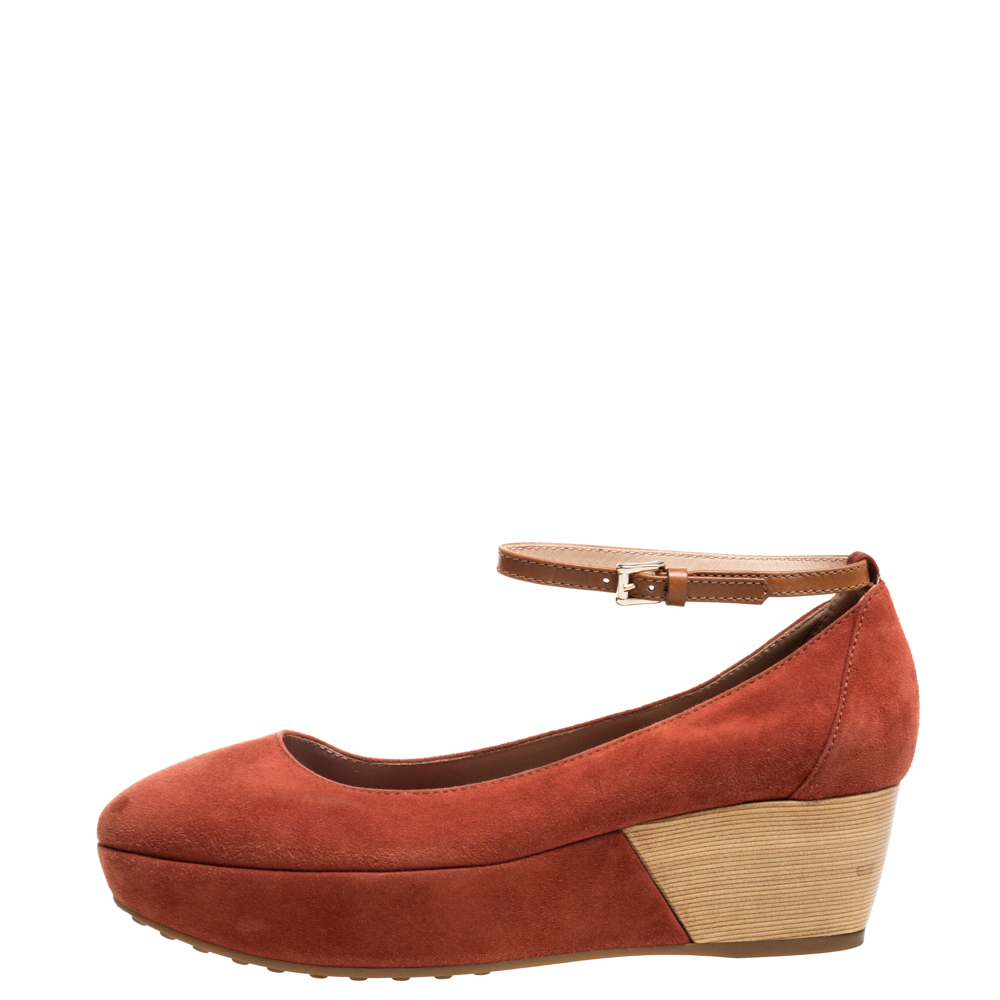 

Tod's Orange Suede Ankle Strap Platform Wedge Pumps Size