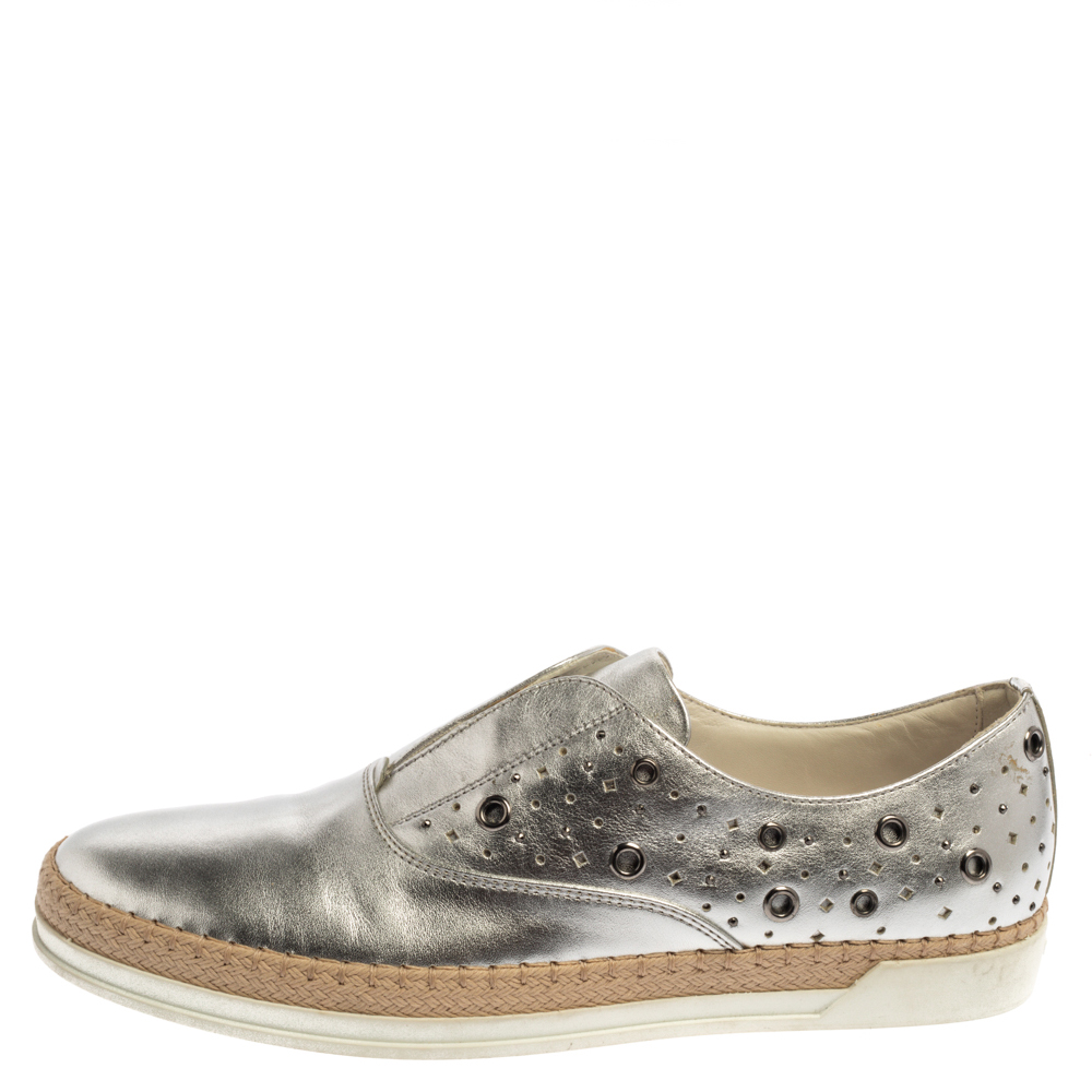 

Tod's Metallic Silver Leather Francesina Espadrille Slip On Sneakers Size