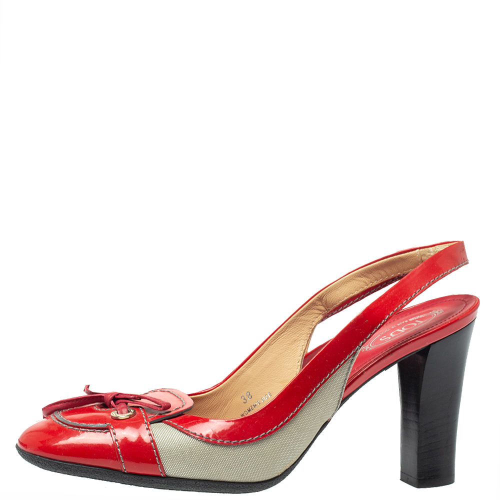 

Tod's Red Leather And Fabric Bow Slingback Sandals Size