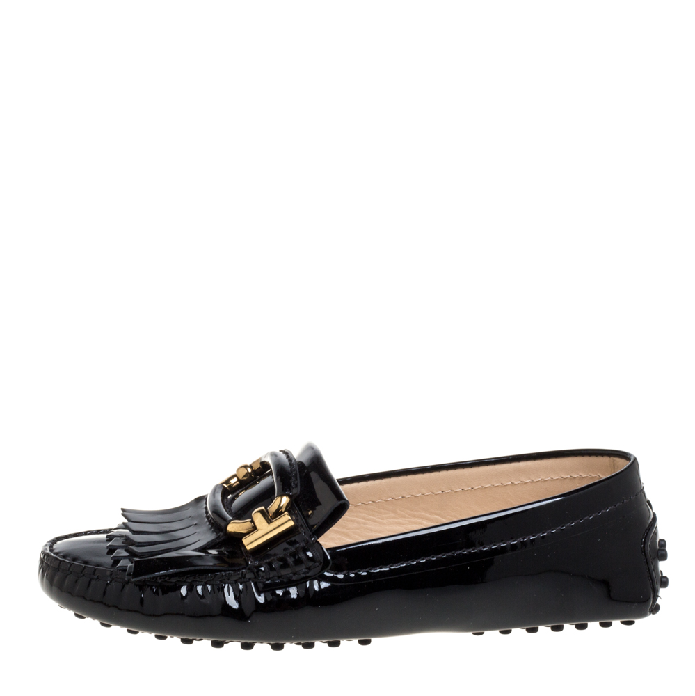 

Tod's Black Patent Leather Fringe Detail Loafers Size