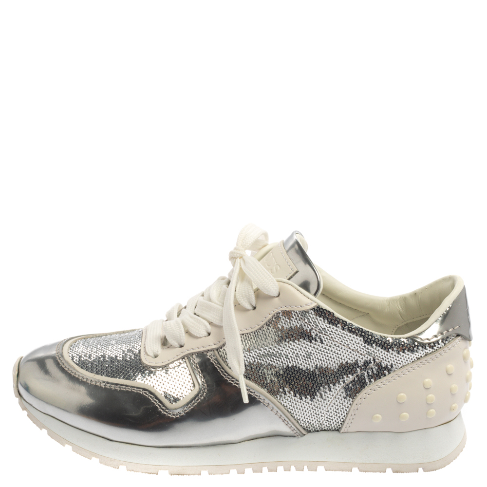 

Tod's Metallic Silver Leather And Sequin Low Top Sneakers Size